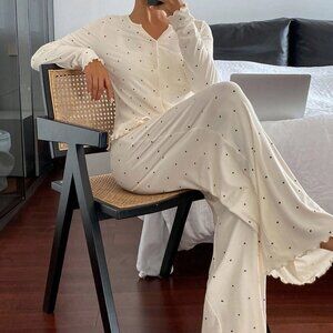 Beige Casual Women's Polka Dot Long Sleeve Button-Up Pajama Set